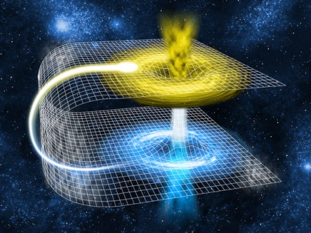 A black hole (upper sheet) and its symmetrical counterpart, a white hole (lower sheet), connected by a wormhole (artist's view) 