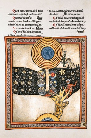 A Mystic View of the Creation. The story of the Creation in Genesis, which was for centuries the ultimate Christian authority on all questions relating to the origin of the world, is an attempt to explain the Creation as a logical sequence of increasing complexity. In her Scivias, Hildegard of Bingen illustrated the Christian notions of Creation and Redemption in a series of allegorical images. The picture accompanying the first Vision of Part Two is a synthesis of the Creation myth. The heat of the flame leaping up from the bottom of the picture generates the flesh and blood from which Man is created. The central circle, flanked by the starry band of the Milky Way, contains the six symbols of the traditional hexameron. Hildegard of Bingen, Scivias, Codex illuminatus, c. 1180. Rudesheim Monastery (Germany).