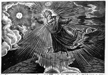 God the Father Dividing the Light from the Darkness. In this 16th century engraving, which was clearly influenced by the work of Michelangelo, the Creator, in the form of the first Person of the Holy Trinity, God the Father, is dividing the light (represented by the sun) from the darkness (represented by the moon). Engraving by Raphael Sadeler, in Thesaurus Historia..., 1585