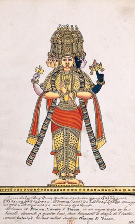 The Hindu Triad. One of the central images of Indian mythology is the Hindu Triad (Trimurti) of Brahma, the creator, Vishnu, the maintainer, and Siva, the destroyer. In this picture they are shown combined into a single body with four arms. Album of paintings of Indian gods and rulers, 1831. Paintings with captions in Tamil and French. BNF, Manuscripts, Indian 744.