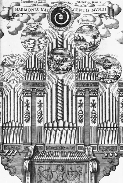 Kircher's Organ of Creation. Regarded during his life as "a phoenix among scholars", the German Jesuit Athanasius Kircher studied almost every field of contemporary knowledge including astronomy, optics, geology, music, magnetism, hieroglyphics, alchemy and cabbalism. His Musurgia Universalis (Universal Book of the Muses) of 1650 is a musicological treatise in which he amalgamates 16th and 17th century Italian and German compositional methods, introduces the concept of musica patetica (music which expresses the emotions) and invents a method of classifying musical styles according to their social and ethnic characteristics. But to Kircher music was above all a branch of mathematics: musical harmony was an expression of cosmic harmony, which in turn reflected the archetypal harmony of God. This engraving illustrates Kircher's musical vision of the hexameron in which the world is compared to an organ operated by God. In the uppermost circle the "Harmony of the First Day" is represented by Holy Spirit uttering the words "Let there be light"; each of the following days is related to a different harmony. Athanasius Kircher, Musurgia Universalis, sive Ars Magna Consoni et Dissoni in X Libros Digesta, Rome, estate of F. Corbelletti, 1650.