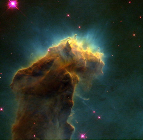 The "Pillars of Creation", 2. The enlargement of M16 taken by the Hubble Space Telescope in 1995 (fig. 260) shows one of the "pillars" of hydrogen, each measuring a light-year (six thousand billion miles) in height, which are like gigantic star incubators. Just above the pillar, hot young stars that have recently emerged from it are bombarding it with ultraviolet radiation, gradually eroding it until "lumps" of gas known as EGGs (Evaporating Gaseous Globules) break off, some of them containing embryonic stars.
