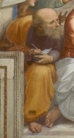 A possible representation of Anaximander learning Pythagoras on his left, detail of Raphael's famous painting The School of Athens.