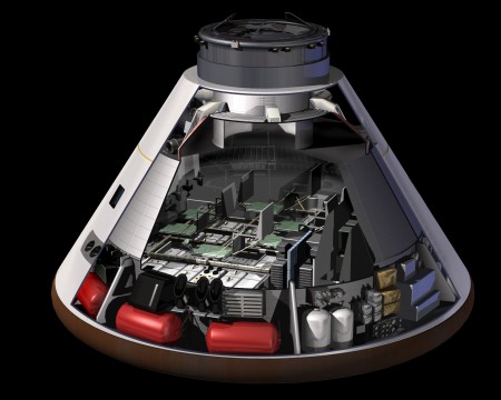 Vue en écorché de la cabine Orion dont l'aménagement intérieur permettra de loger 4  astronautes pour des vols vers la Lune