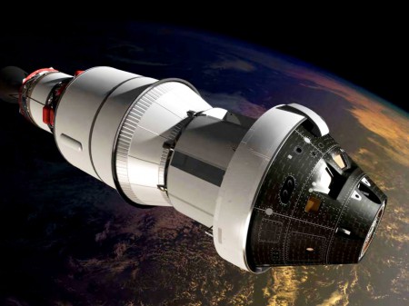 Vue d'artiste de la cabine Orion attaché à la maquette du module de service
