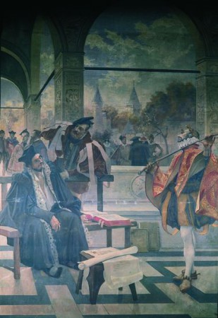 Quelques éléments illustres de la Pléiade. Fresque représentant au premier plan Dorat, professeur de Joachim du Bellay et de Pierre de Ronsard. (La Sorbonne, Paris.)