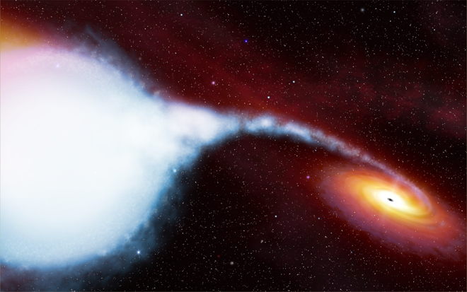 Vue d'artiste du système binaire HDE 226868-Cygnus X1.Le gaz est arraché à l'étoile massive HDE et forme un disque d'accrétion émetteur de rayons X  autour du trou noir. 