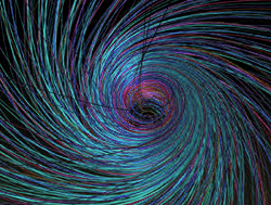 Les mini-trous noirs susceptibles d’être produits dans les accélérateurs de particules seraient en rotation et engendreraient donc dans leur voisinage un espace-temps de Kerr, dont cette simulation numérique montre quelques géodésiques.