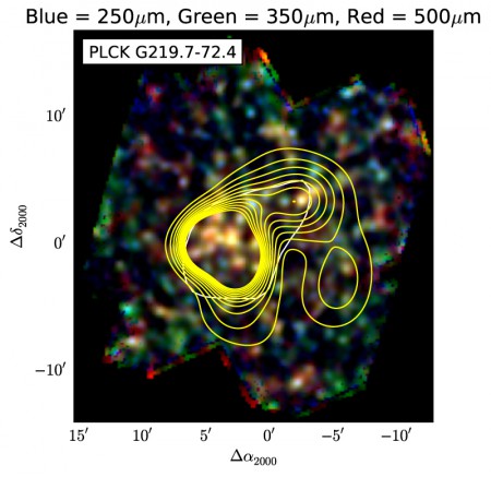 Image de Herschel-SPIRE d'un candidat amas à grand redshift. 